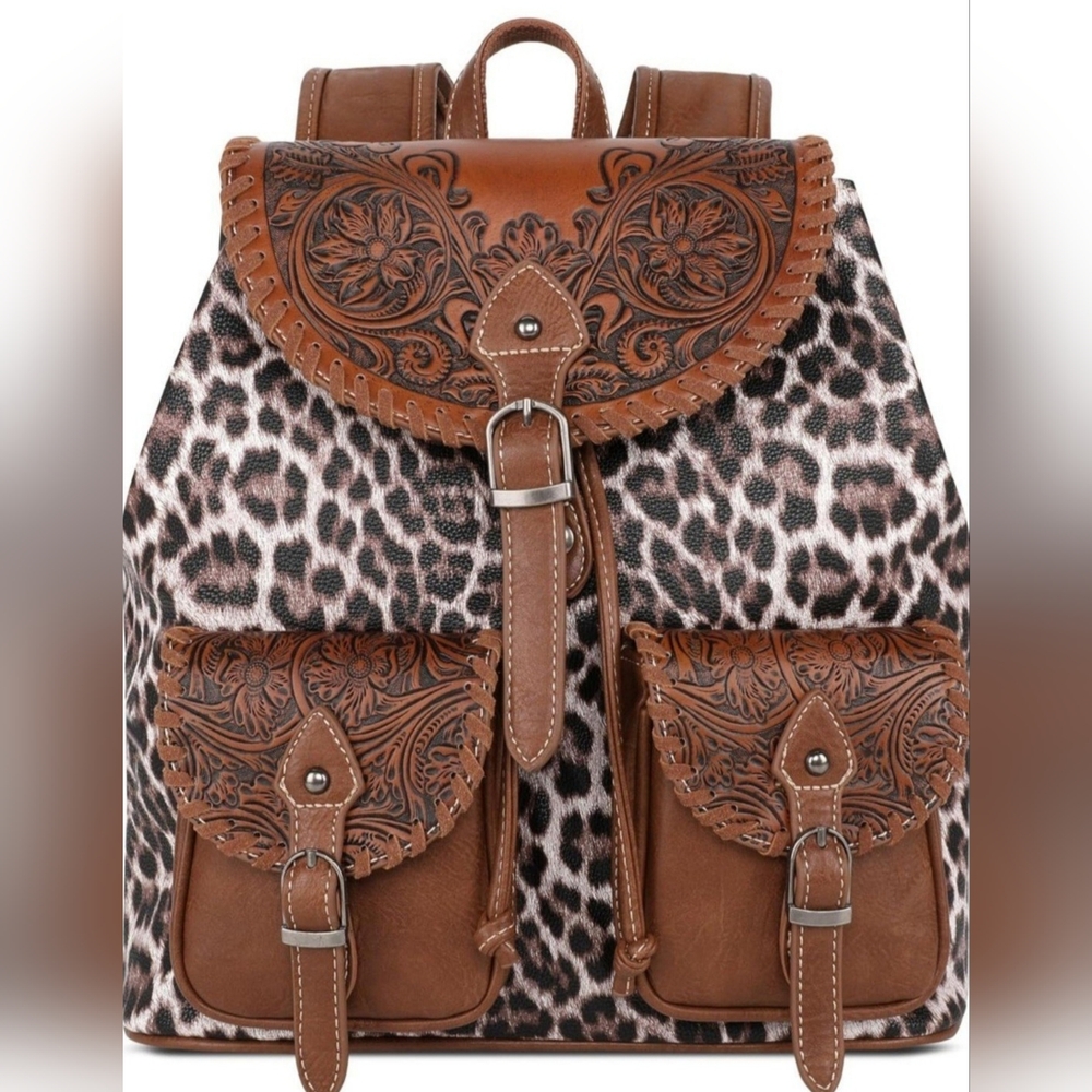 NWT Montana West Leopard & Brown Leather Floral Embossed Backpack